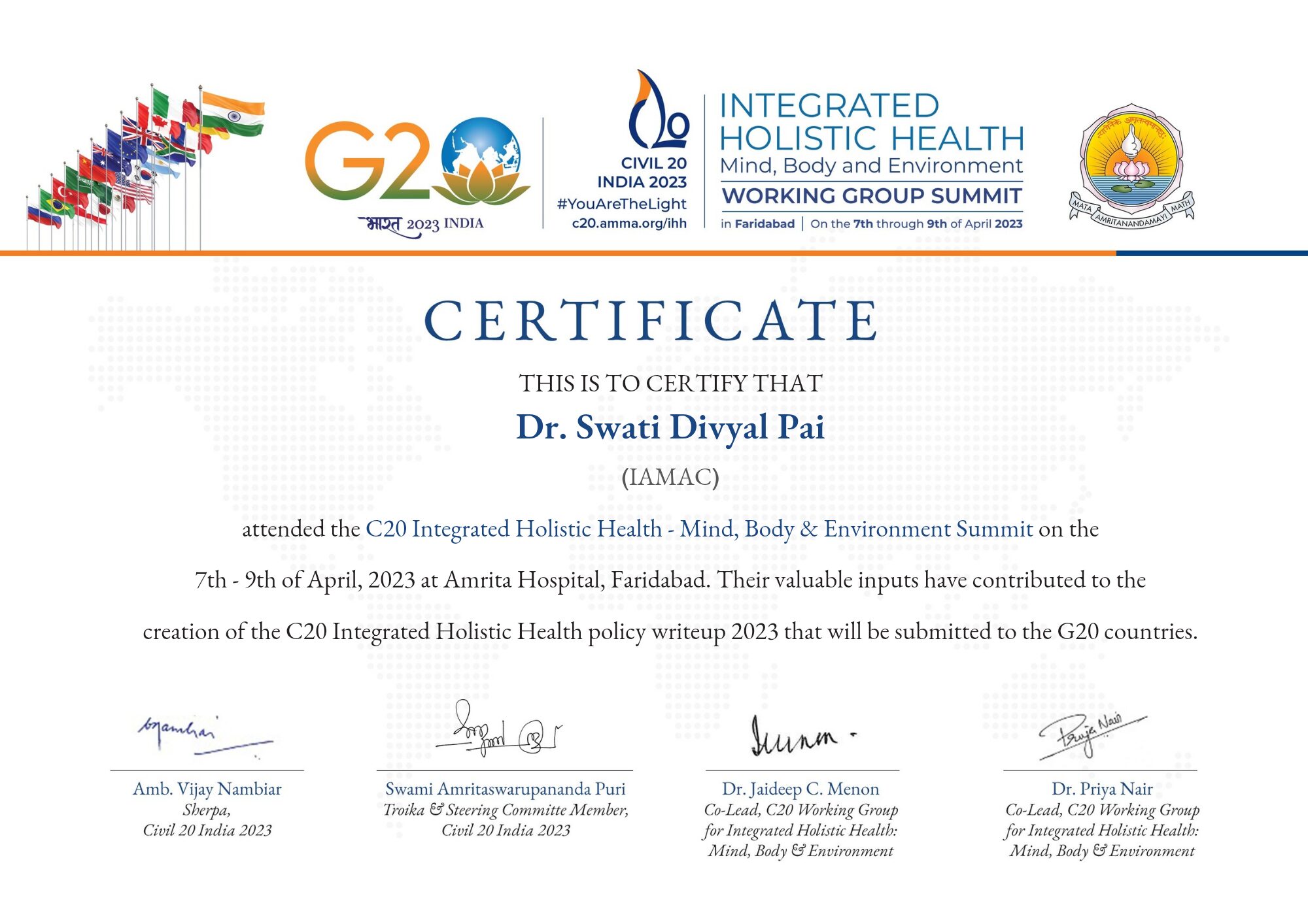 g20 certificate WHO affiliation to IAMAC by WHO